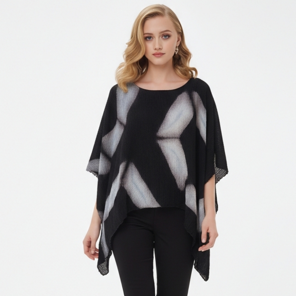 Batik Brown Crinkled Silk Poncho Top Geometric Print One Size Fits Most